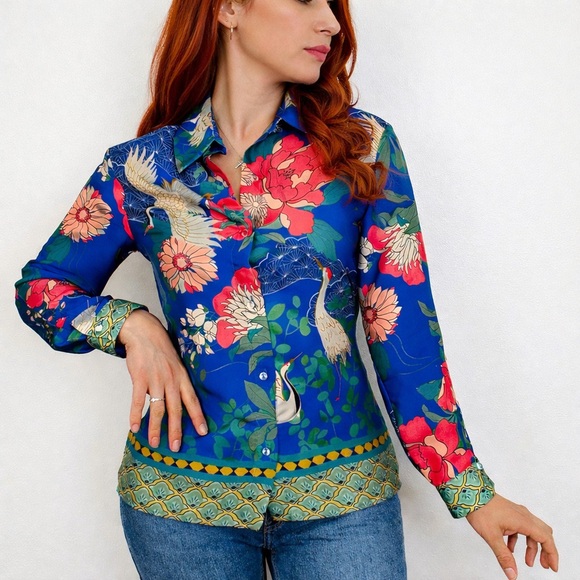 Zara Tops - Zara Blue Crane Floral Blouse Satin Button Front Statement M Asian Inspired NWT